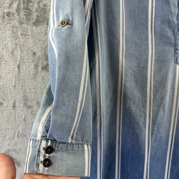 AUW Shirt Dress Women's 10 Blue Striped Chambray Tie Waist Hi Lo Hem - Picture 8 of 10